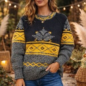 Susann D Fair Isle‎ Leaf Sweater Women S Black Yellow Wool Blend Boho Festival